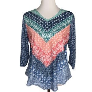 Alfred Dunner Blue and Coral Chevron Long Sleeve Top